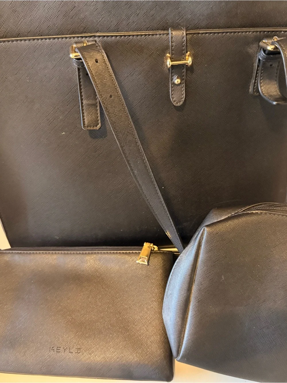 Structured Black laptop tote  with Gold Hardware and two accessories bags
